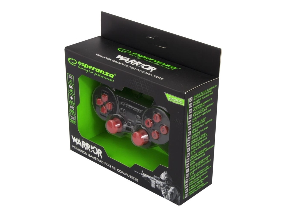 Egg102r, Gamepad, Pc, Analog/digital, Ledningsført, Usb 2.0, Sort, Rød Esperanza