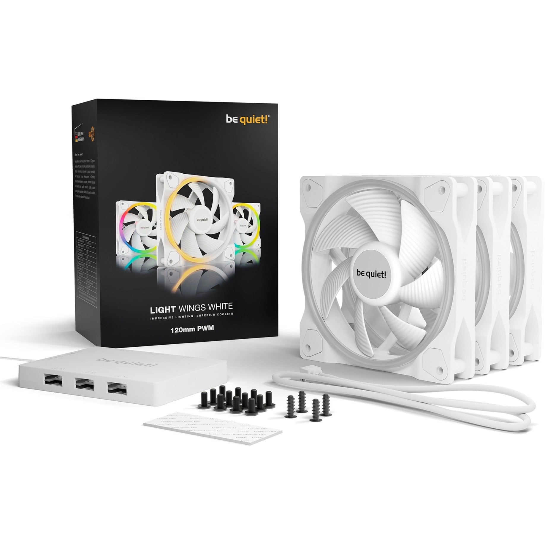 ! Light Wings White 120mm Pwm Triple Pack, Case Fan (white, Pack Of 3, Incl. Argb Hub) Be Quiet